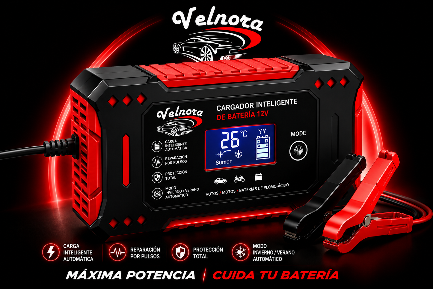 Cargador y Reparador de Batería para Auto 12V — Pantalla Digital