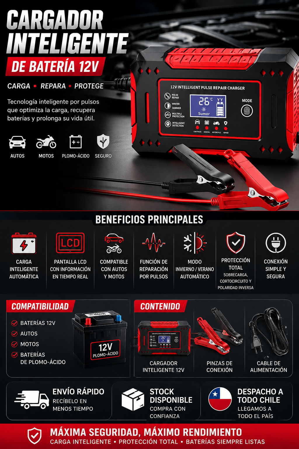 Cargador y Reparador de Batería para Auto 12V — Pantalla Digital